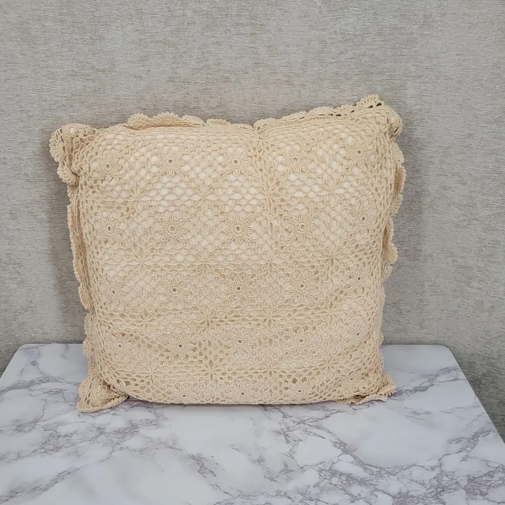 Vintage Cream Hand Crochet Lace Cotton Pillows Set of 2